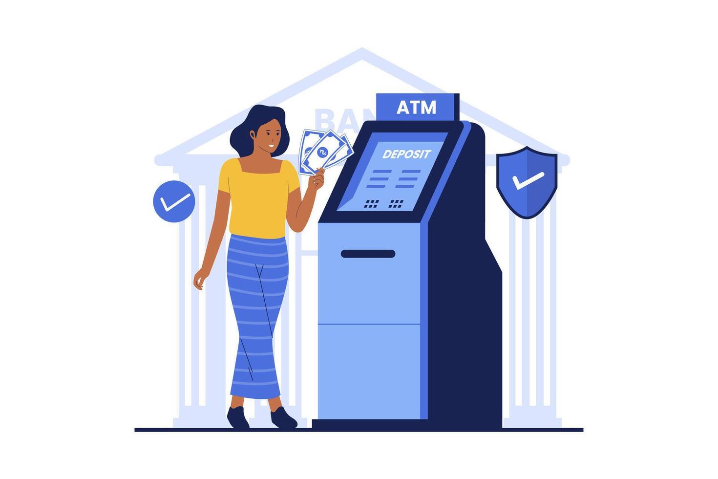 Woman depositing cash in atm machine vector