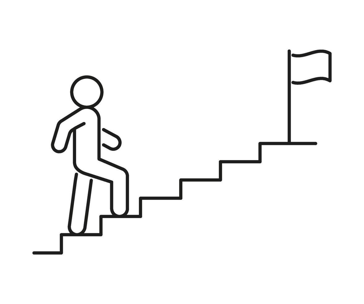 Stairs up person to goal, line icon. Stairway, steps direction to flag. Moving upstairs in work, career. Editable stroke. Vector illustration