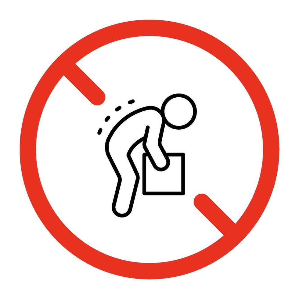 Prohibited posture for lift box, no ergonomic work of person, line icon. Lifting weight with incorrect posture. Unsafe weight lifting. Vector outline sign