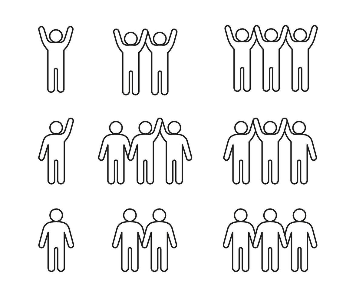 People greeting, wave hand, success, line icon. One, two and three person hands up. Happy respect on meeting, fan of game. Losing and winning at competition. Vector illustration