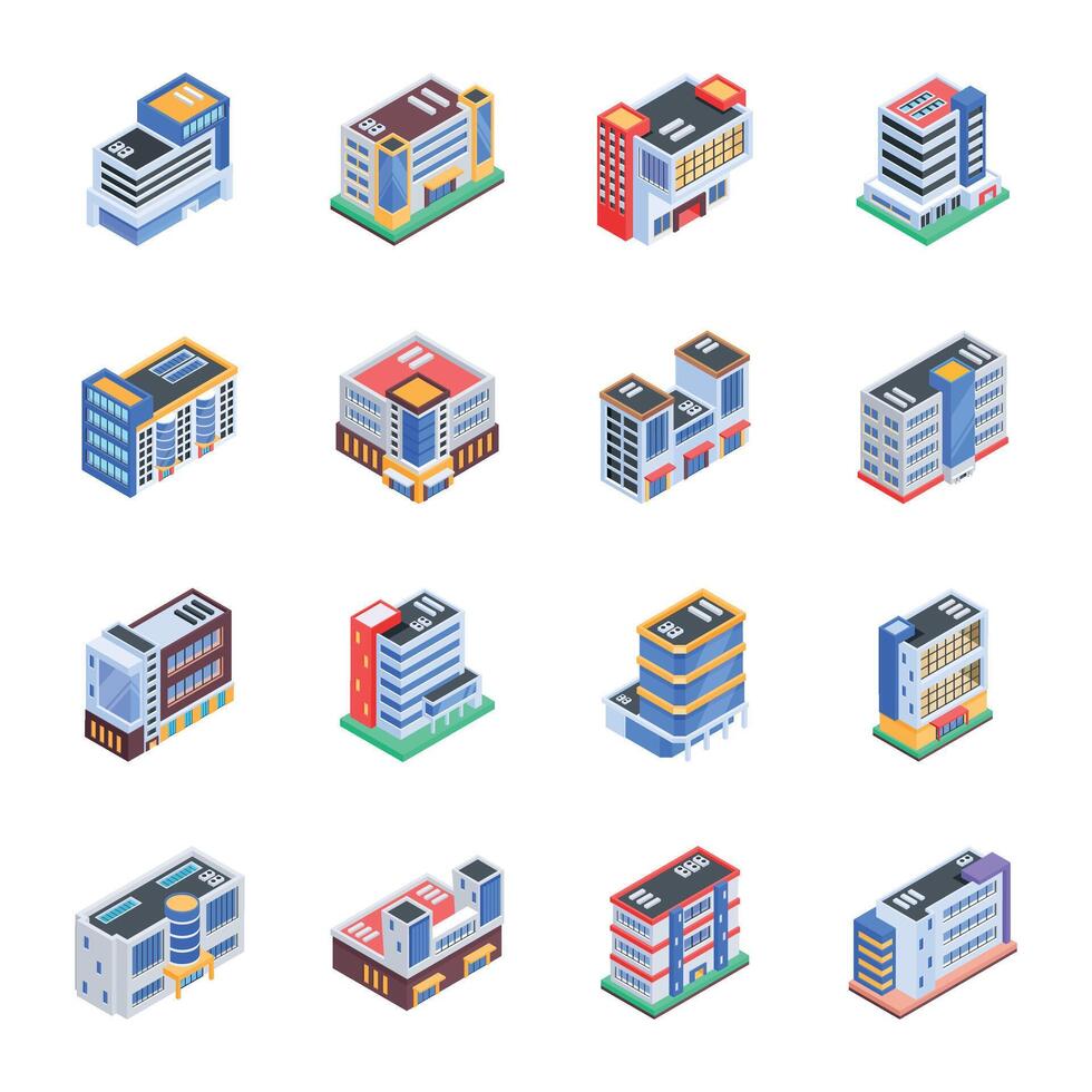 Handy Collection of Urban Buildings Isometric Icons vector