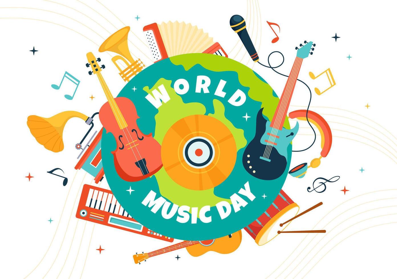 World Music Day Vector Illustration on 21 June with Various Musical Instruments and Notes in Flat Cartoon Background Design