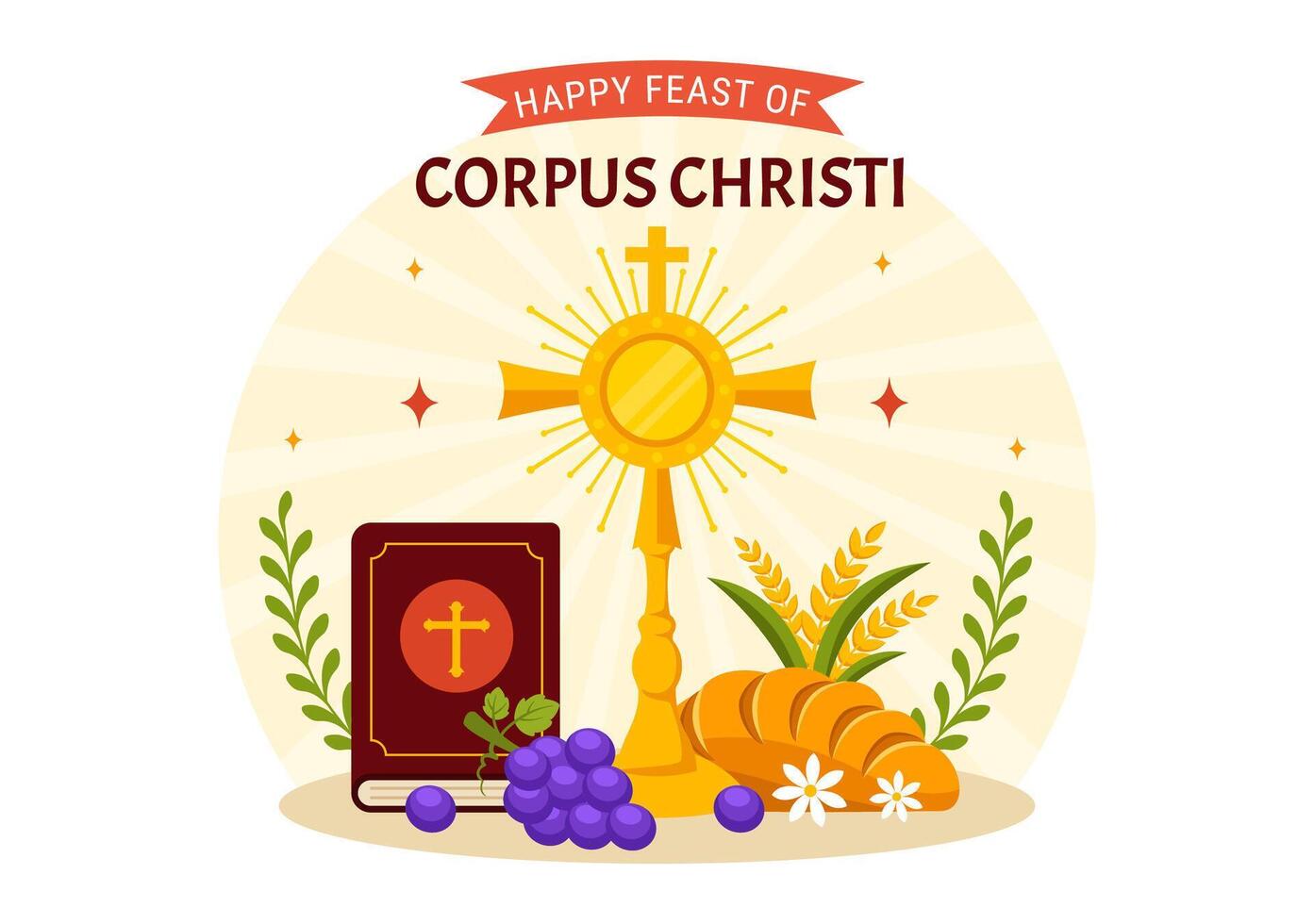 cuerpo christi católico religioso vector ilustración con banquete día, cruz, un pan y uvas en fiesta celebracion plano dibujos animados antecedentes