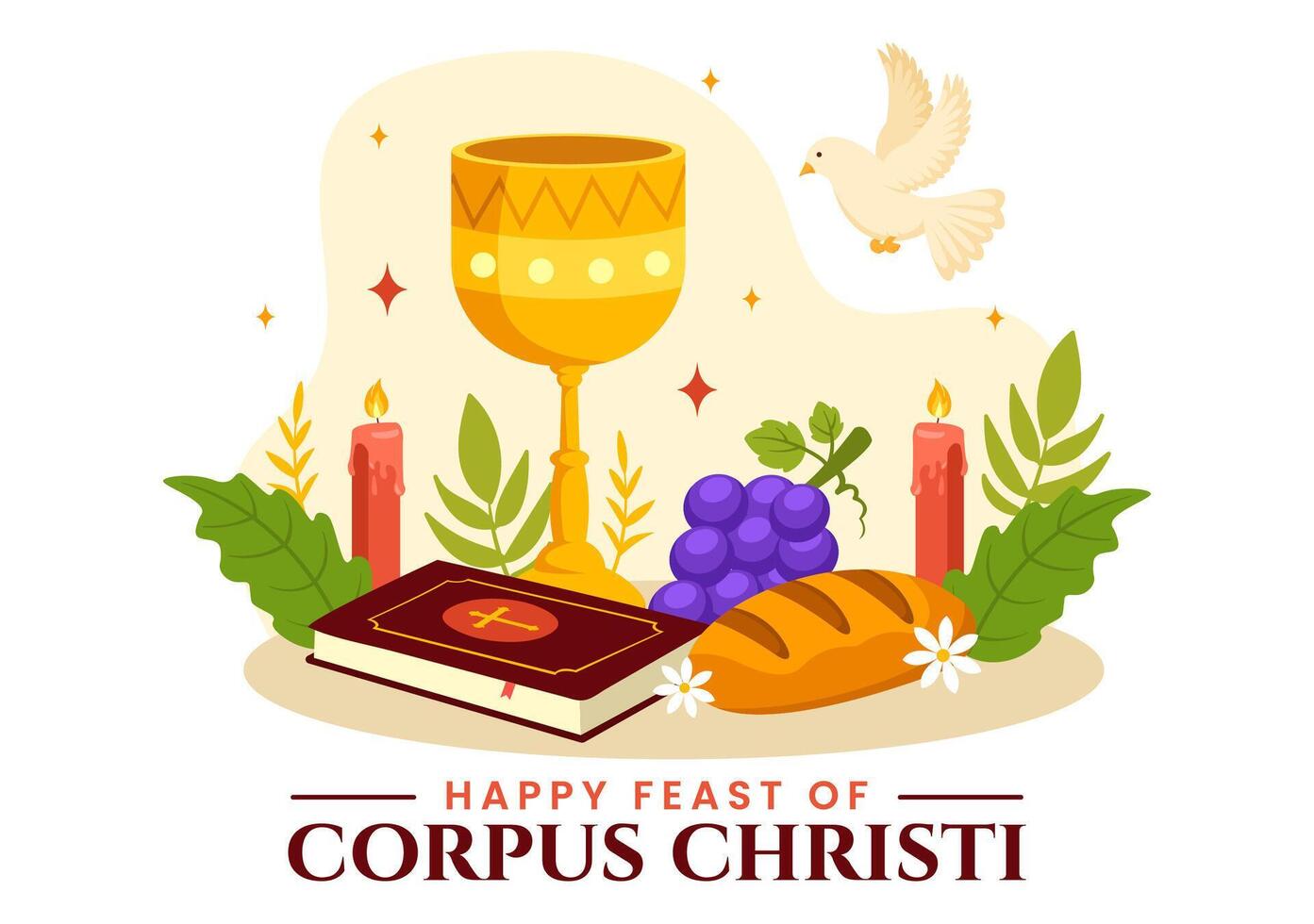 cuerpo christi católico religioso vector ilustración con banquete día, cruz, un pan y uvas en fiesta celebracion plano dibujos animados antecedentes