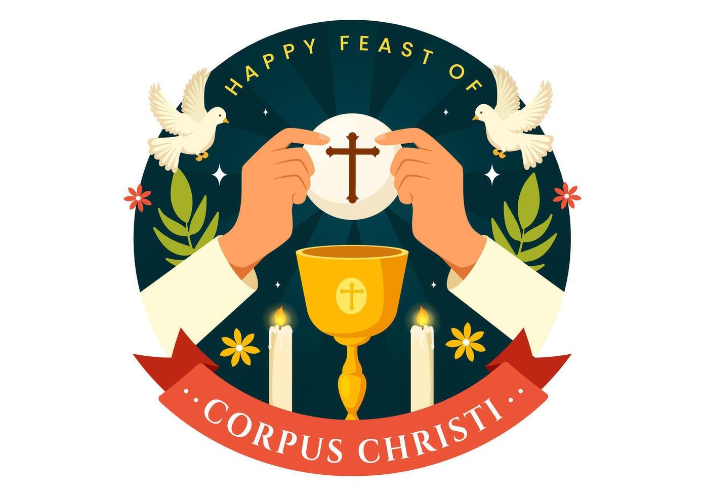 Corpus Christi Catholic Religious Vector Illustration with Feast Day, Cross, Bread and Grapes in Holiday Celebration Flat Cartoon Background