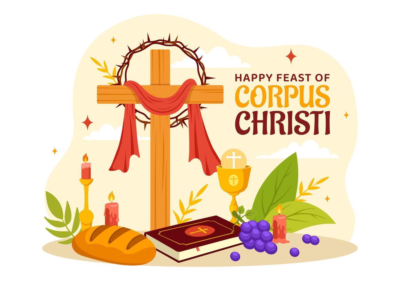 cuerpo christi católico religioso vector ilustración con banquete día, cruz, un pan y uvas en fiesta celebracion plano dibujos animados antecedentes