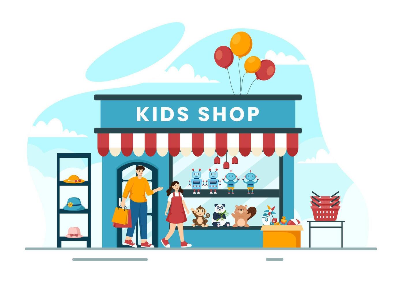 niños tienda vector ilustración con Niños y muchachas niños equipo tal como ropa o juguetes para compras concepto en plano dibujos animados antecedentes
