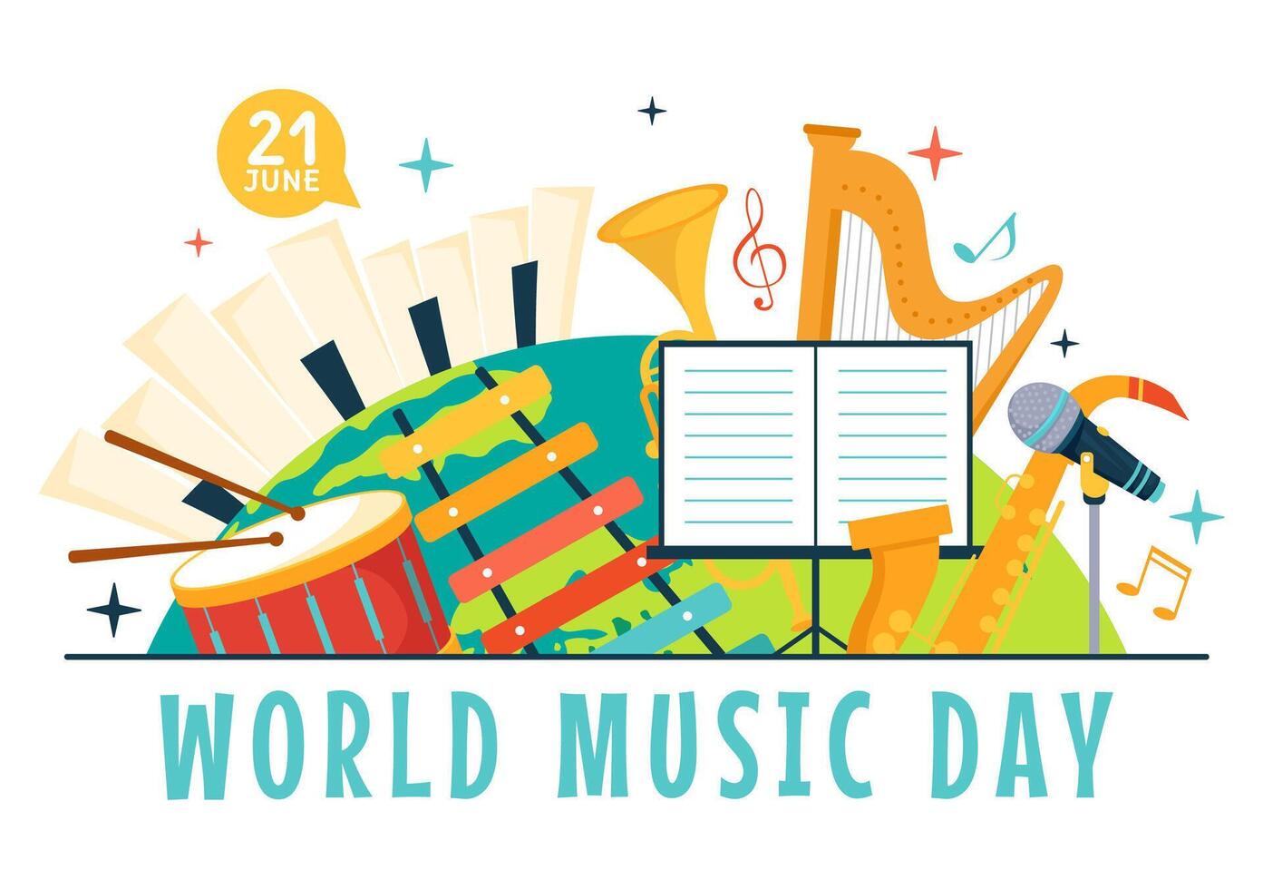 World Music Day Vector Illustration on 21 June with Various Musical Instruments and Notes in Flat Cartoon Background Design