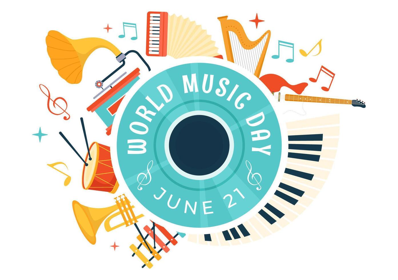 World Music Day Vector Illustration on 21 June with Various Musical Instruments and Notes in Flat Cartoon Background Design