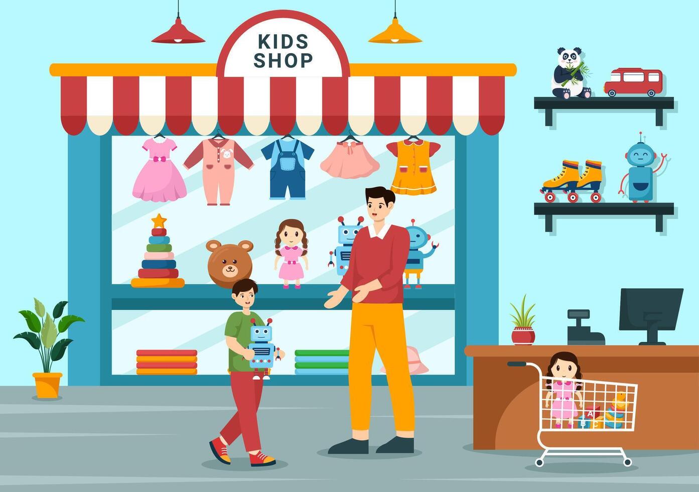 niños tienda vector ilustración con Niños y muchachas niños equipo tal como ropa o juguetes para compras concepto en plano dibujos animados antecedentes