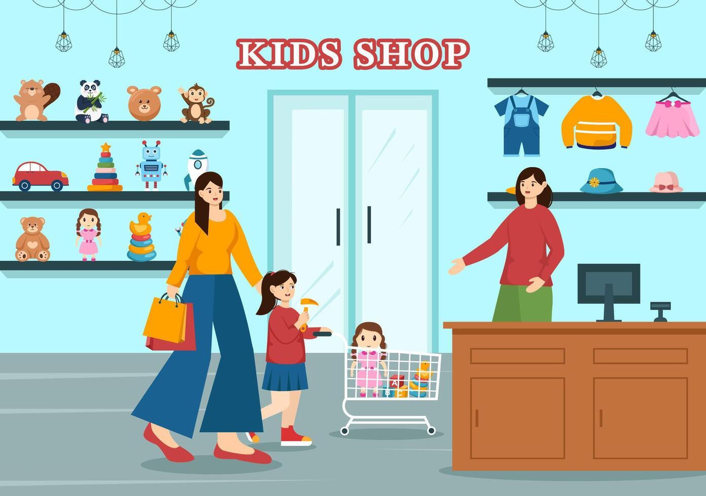 niños tienda vector ilustración con Niños y muchachas niños equipo tal como ropa o juguetes para compras concepto en plano dibujos animados antecedentes