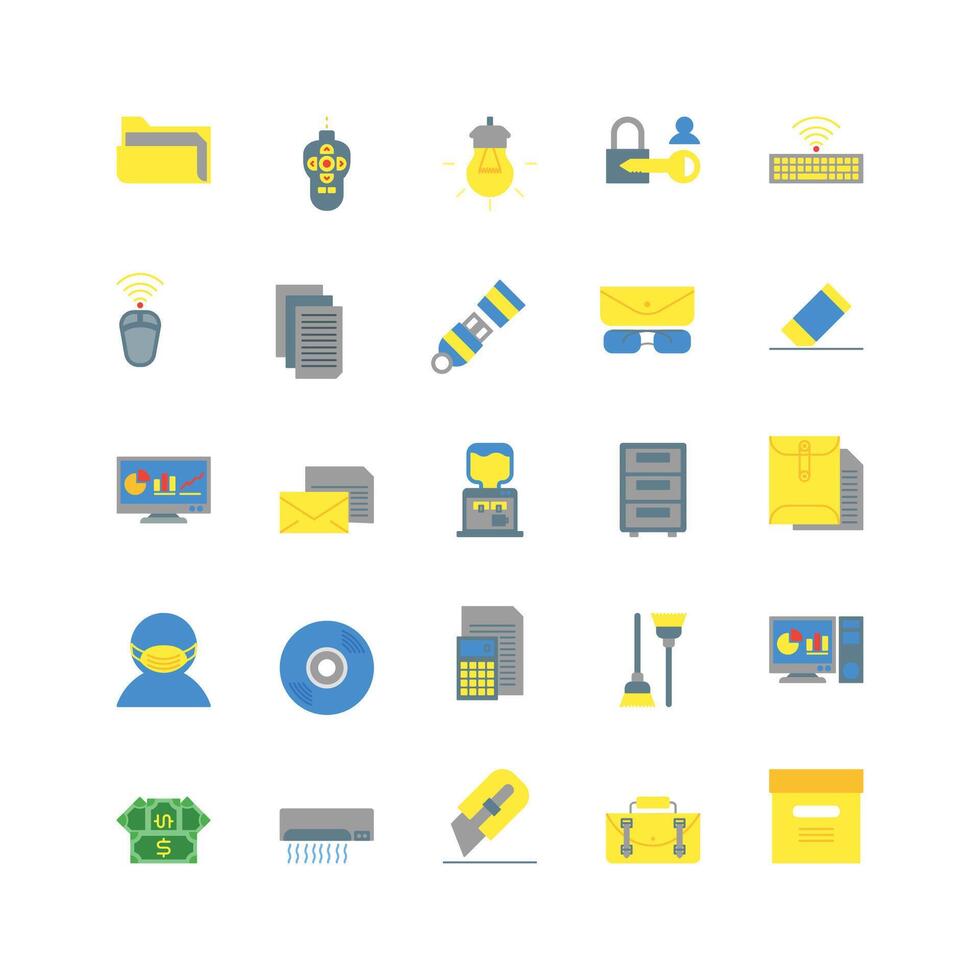 Office icon set flat color icon collection. Containing icons. vector