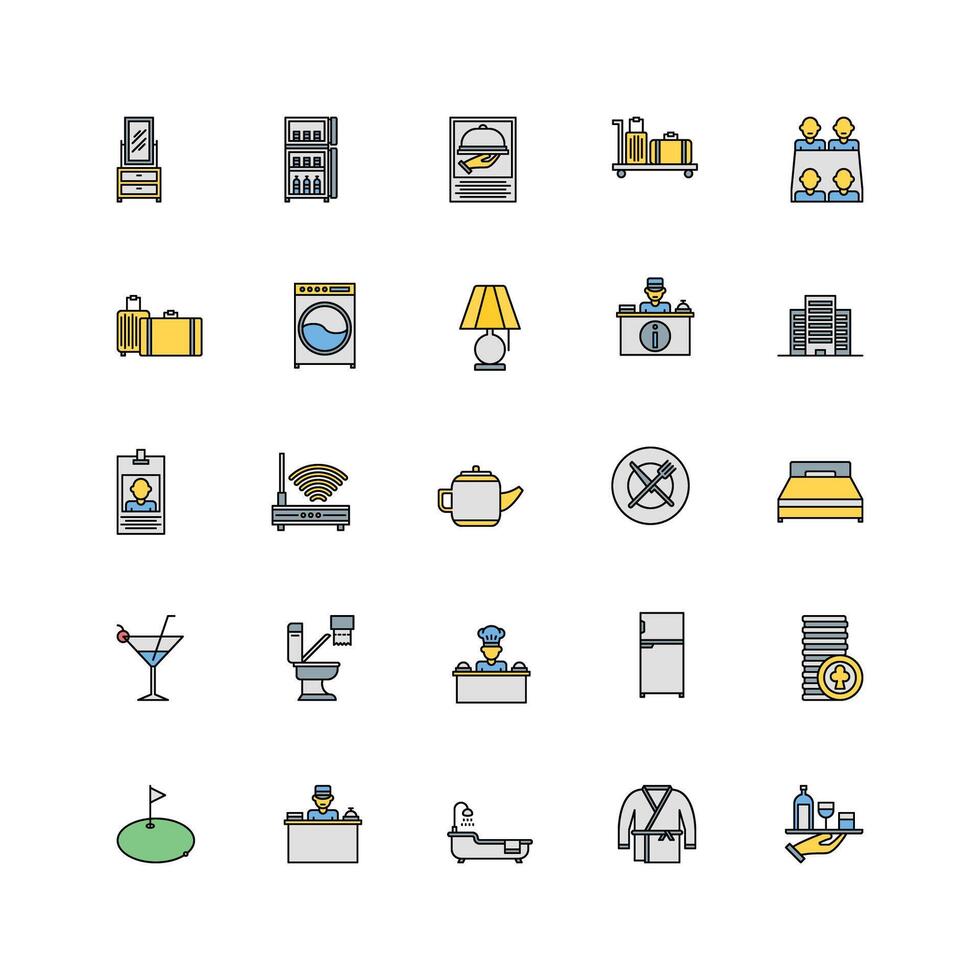 hotel icon set. filled color icon collection. Containing icons vector