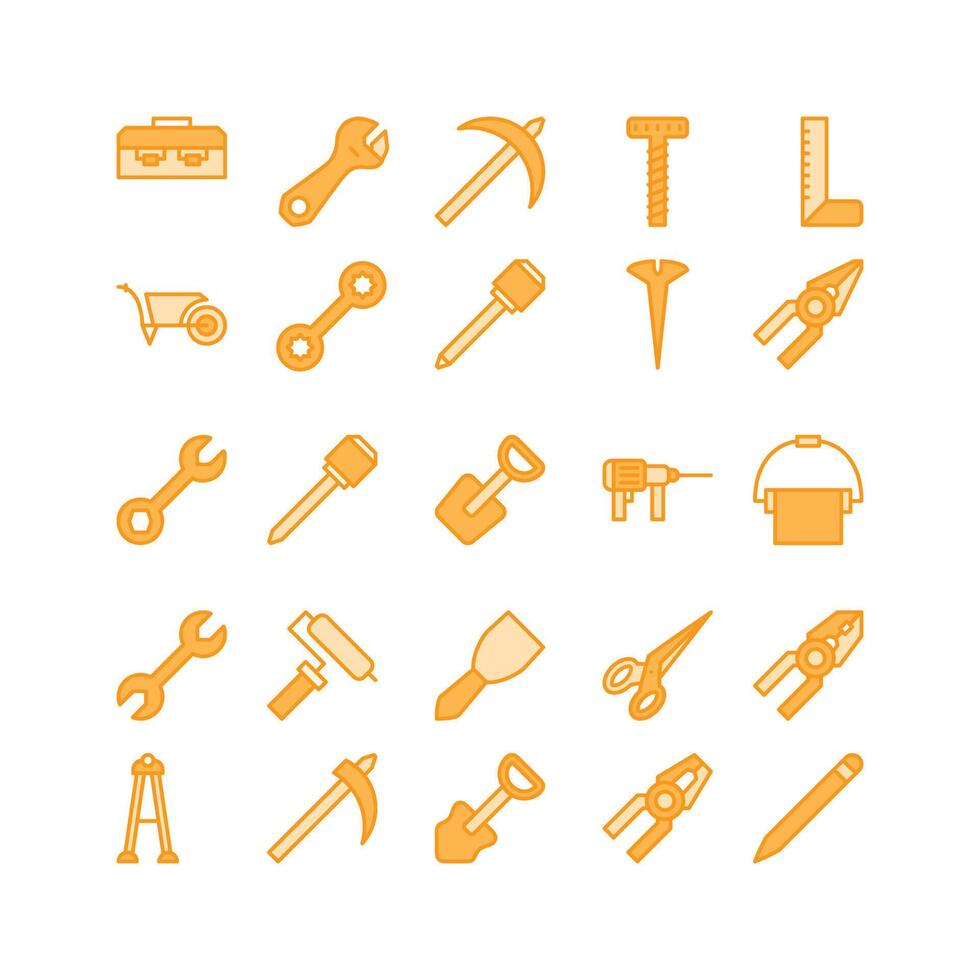 Construction tool icon set. filled color icon collection. Containing axe, drill and hammer icons. vector