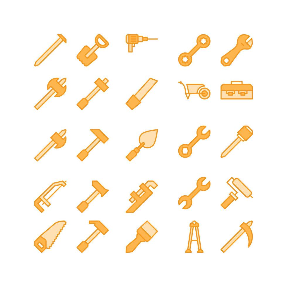 Construction tool icon set. filled color icon collection. Containing axe, drill and hammer icons. vector