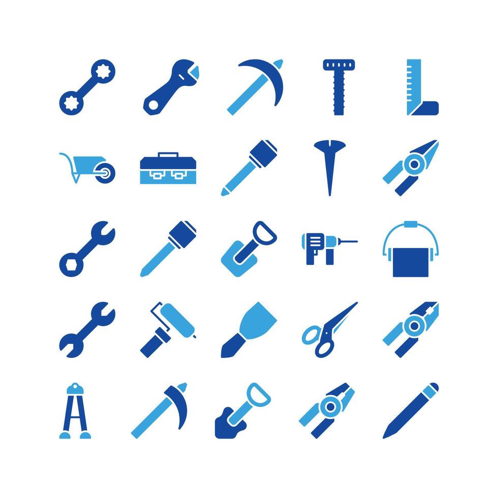 Construction tool icon set. glyph icon collection. Containing axe, drill and hammer icons. vector