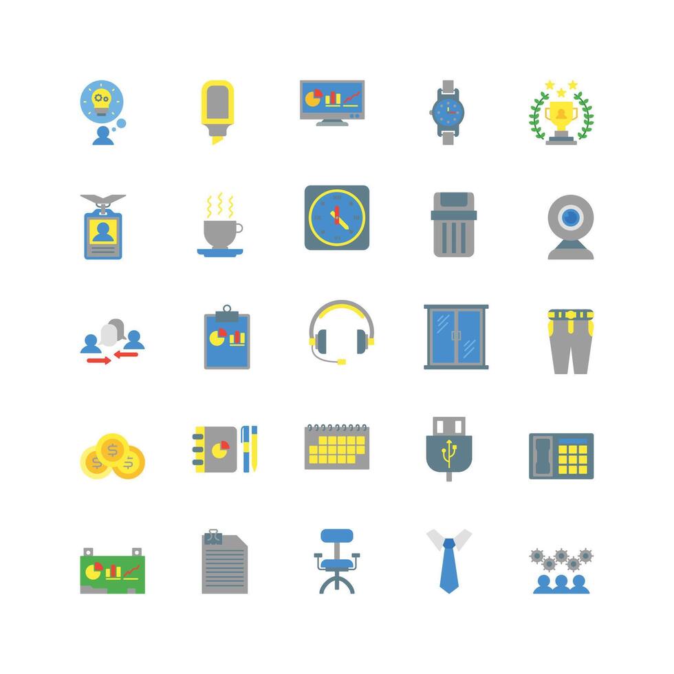 Office icon set flat color icon collection. Containing icons. vector