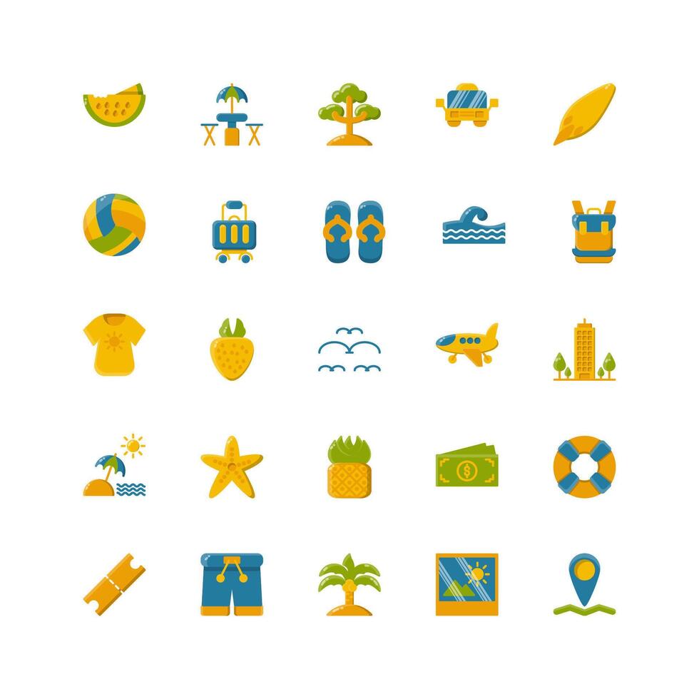 verano icono colocar. plano color icono recopilación. conteniendo verano iconos vector