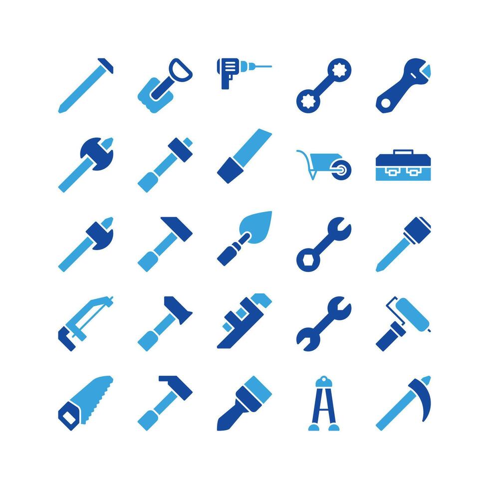 Construction tool icon set. glyph icon collection. Containing axe, drill and hammer icons. vector