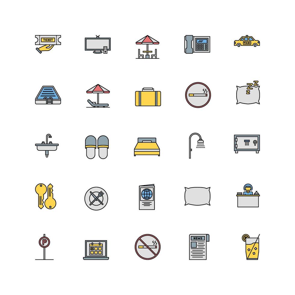 hotel icon set. filled color icon collection. Containing icons vector