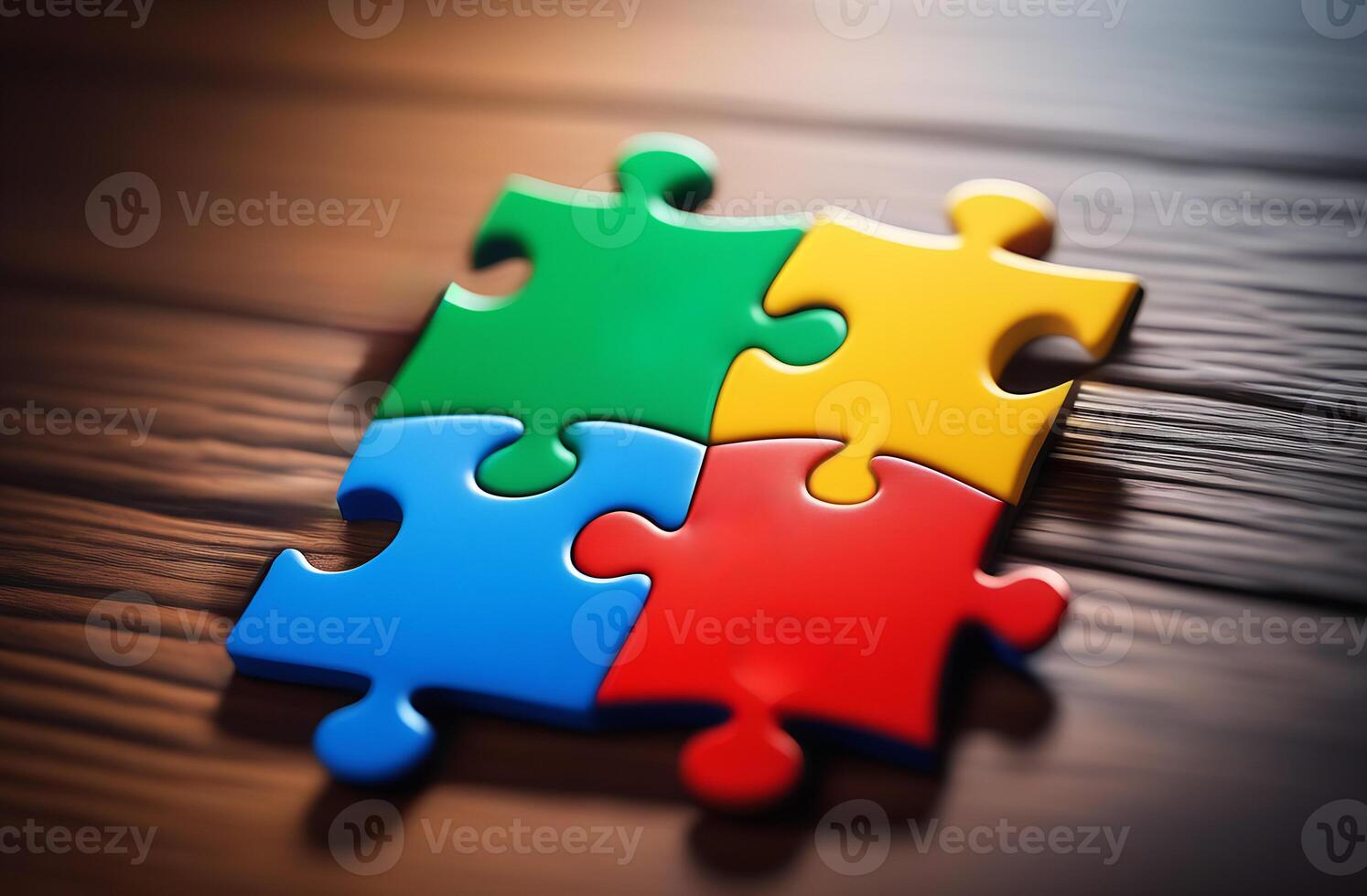 AI Generated World Autism Awareness Day concept. Color puzzle, symbol of autism spectrum disorder on wooden background. photo