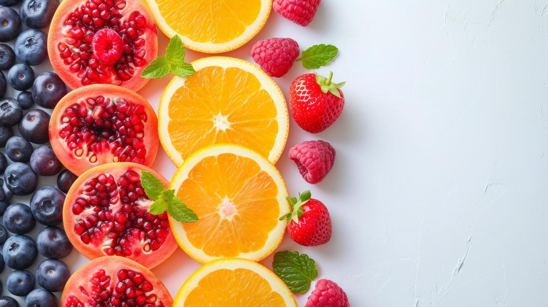 AI generated Simple setups featuring luscious berries and tropical fruits, creating a visually appealing and refined atmosphere photo