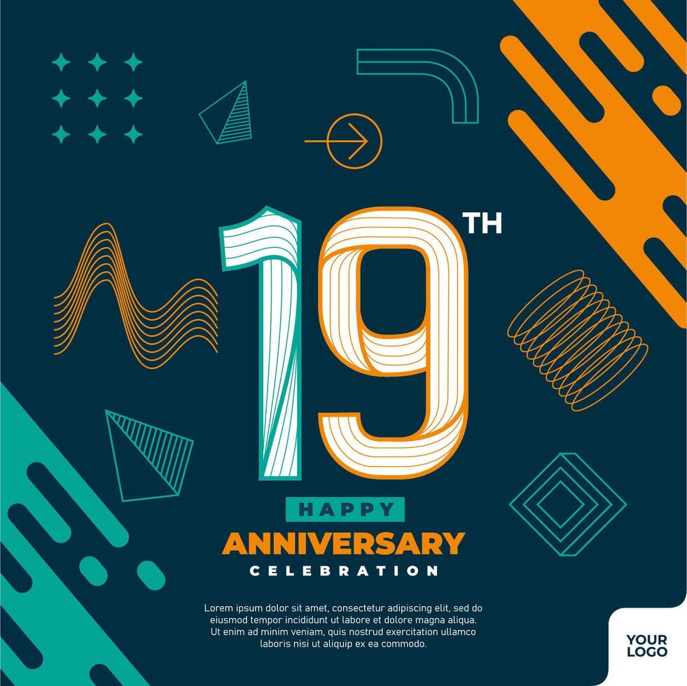 19th anniversary celebration logotype with colorful abstract geometric shape y2k background vector