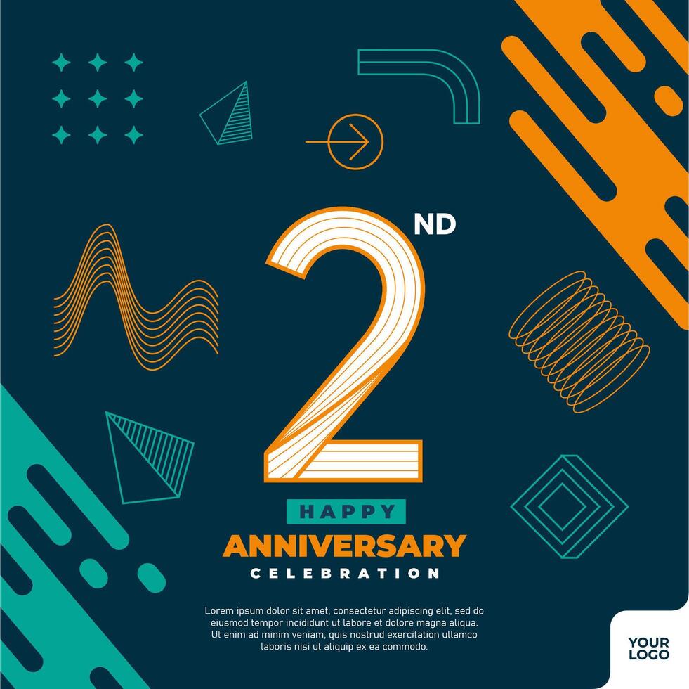 2nd anniversary celebration logotype with colorful abstract geometric shape y2k background vector