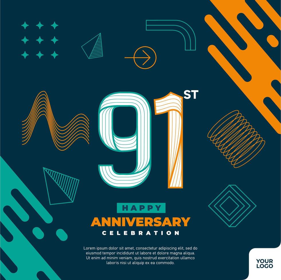 91st anniversary celebration logotype with colorful abstract geometric shape y2k background vector