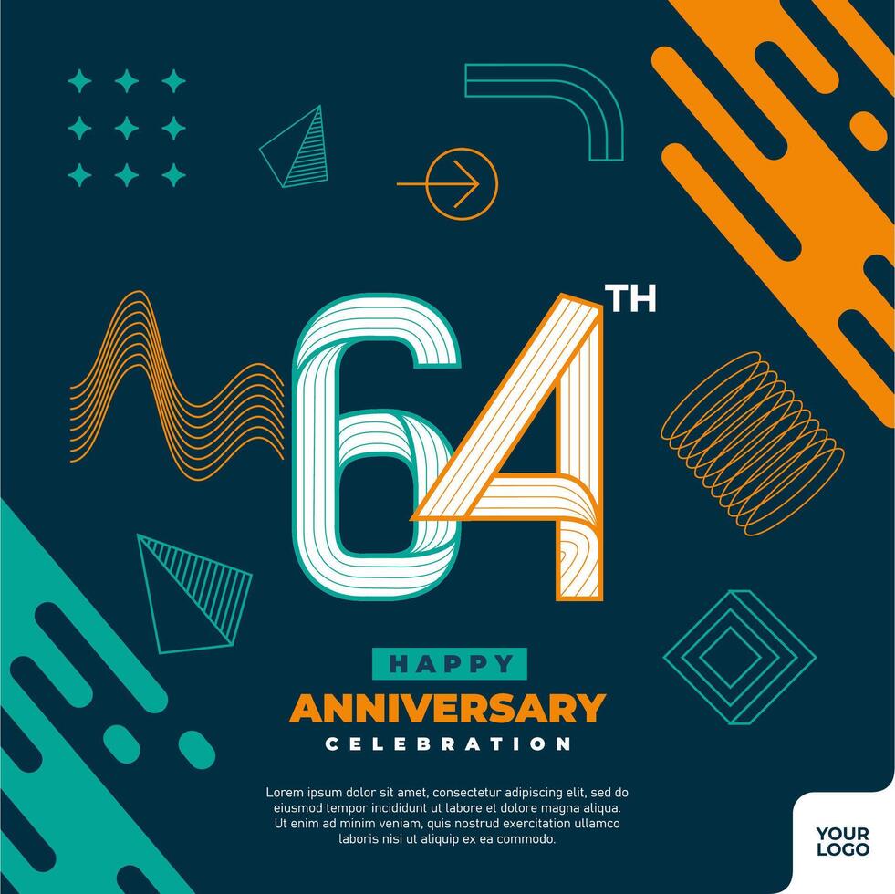 64th anniversary celebration logotype with colorful abstract geometric shape y2k background vector