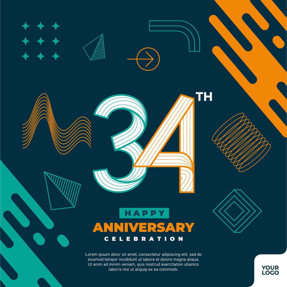 34th anniversary celebration logotype with colorful abstract geometric shape y2k background vector