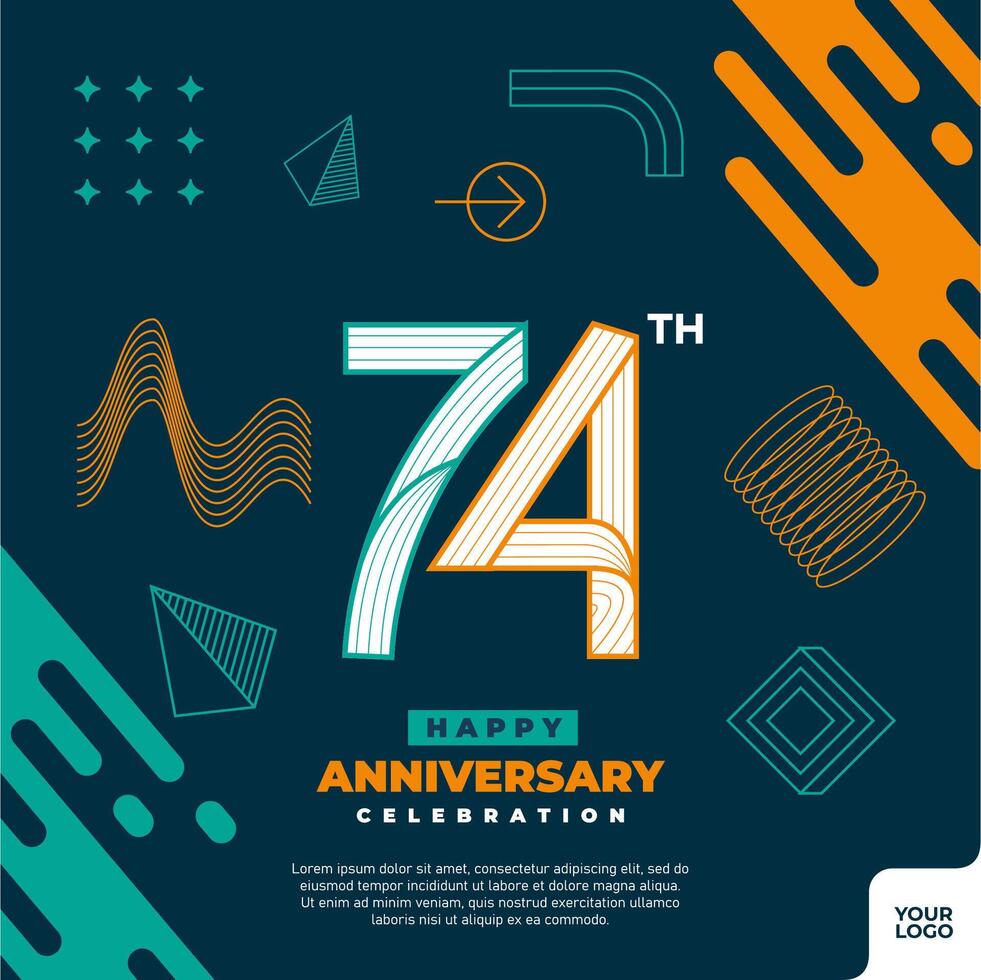 74th anniversary celebration logotype with colorful abstract geometric shape y2k background vector