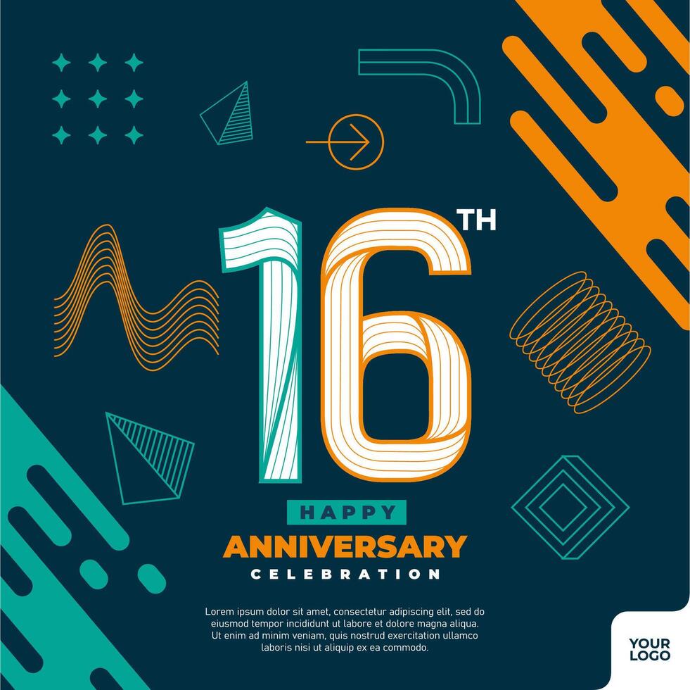 16th anniversary celebration logotype with colorful abstract geometric shape y2k background vector