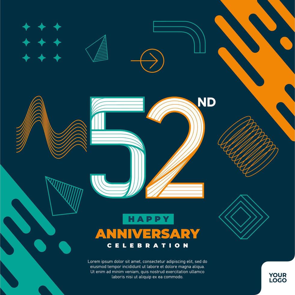 52nd anniversary celebration logotype with colorful abstract geometric shape y2k background vector