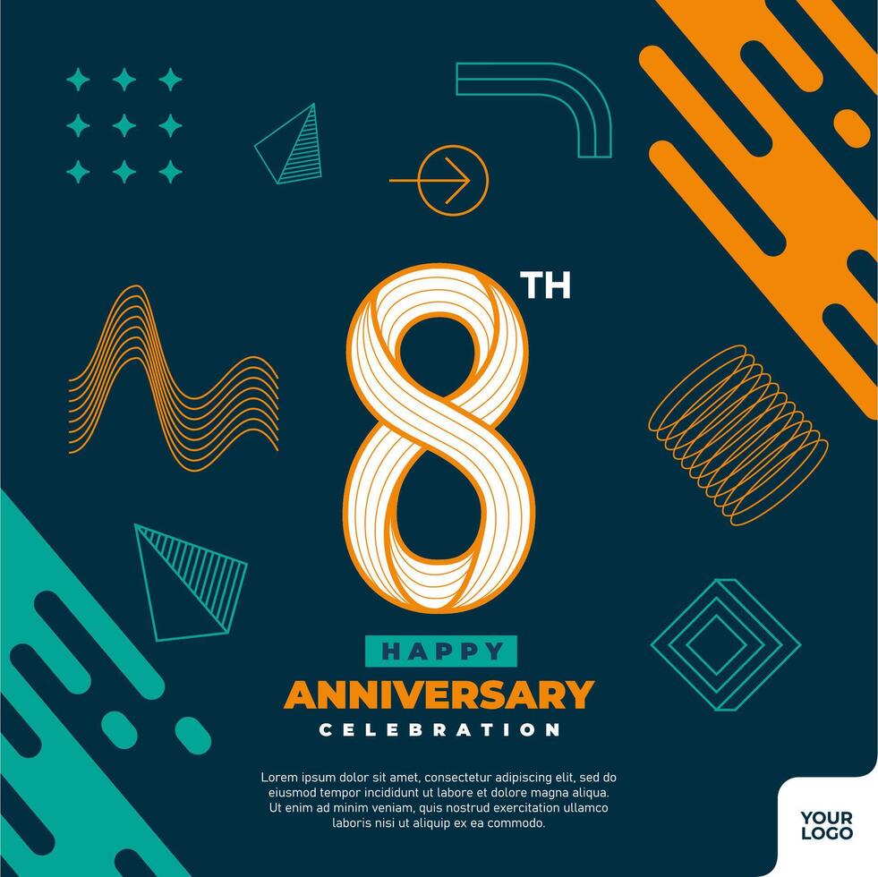 8th anniversary celebration logotype with colorful abstract geometric shape y2k background vector