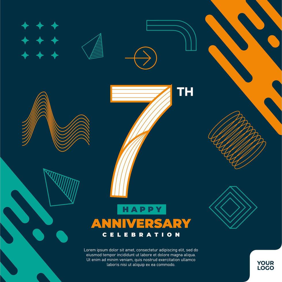 7th anniversary celebration logotype with colorful abstract geometric shape y2k background vector