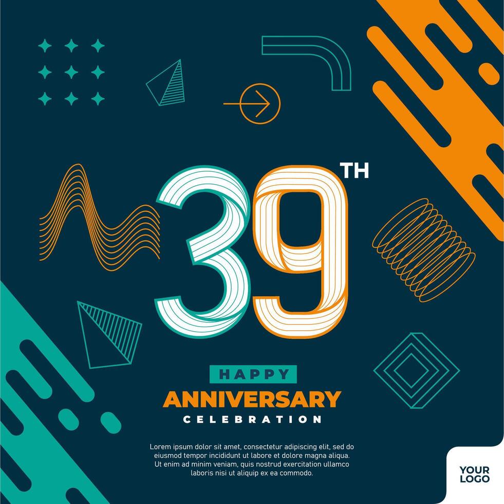 39th anniversary celebration logotype with colorful abstract geometric shape y2k background vector