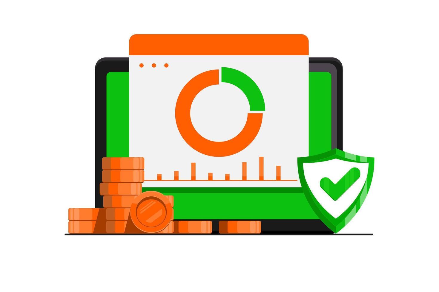 crecimiento financiero gráfico concepto, tableta con proteger, oro moneda en aislado fondo, digital márketing ilustración. vector