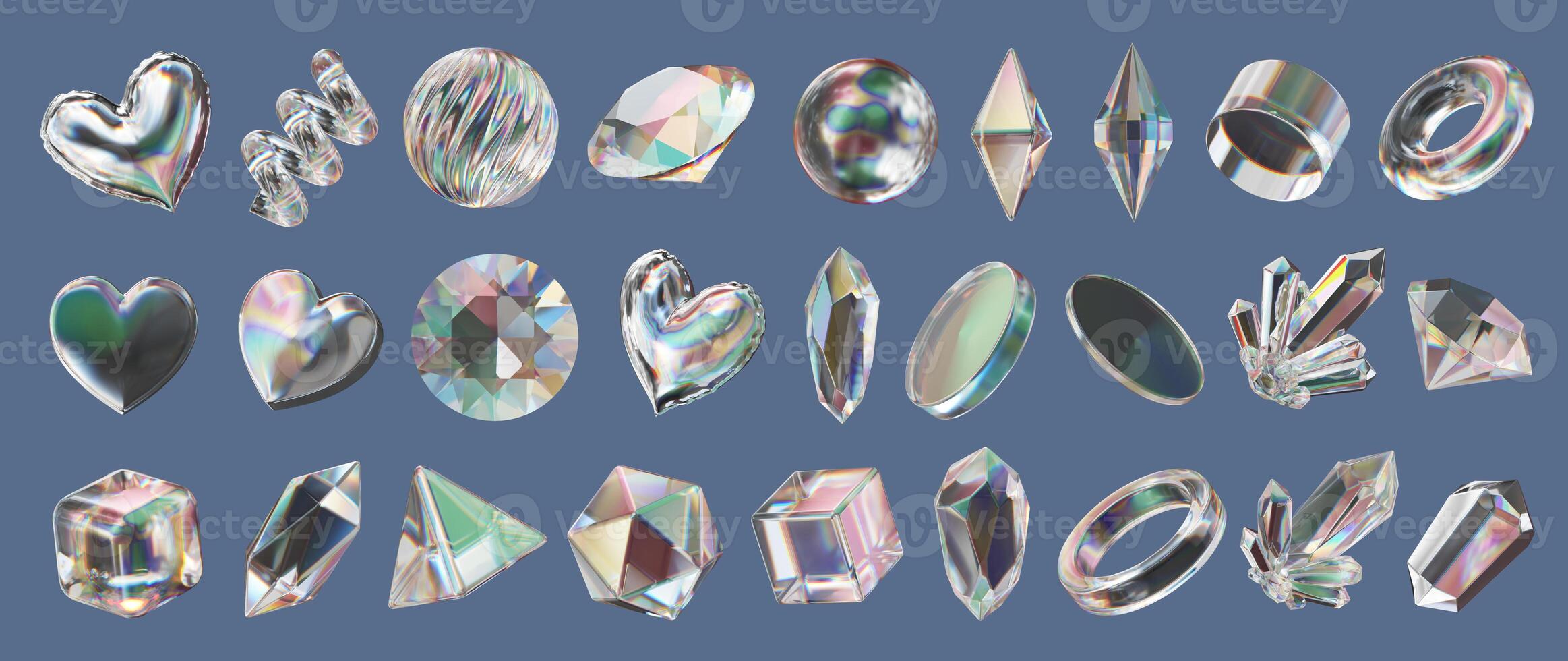 Heart and Gem holographic decoration set pack isolated background 3d rendering without AI generated photo