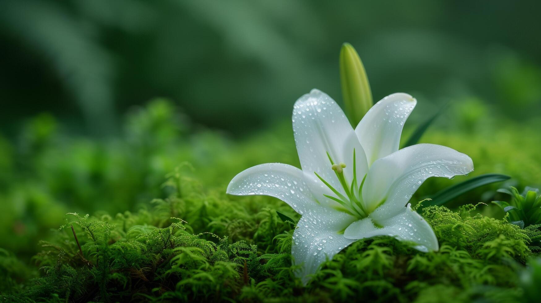 AI generated A pristine white lily emerging from a bed of emerald moss photo