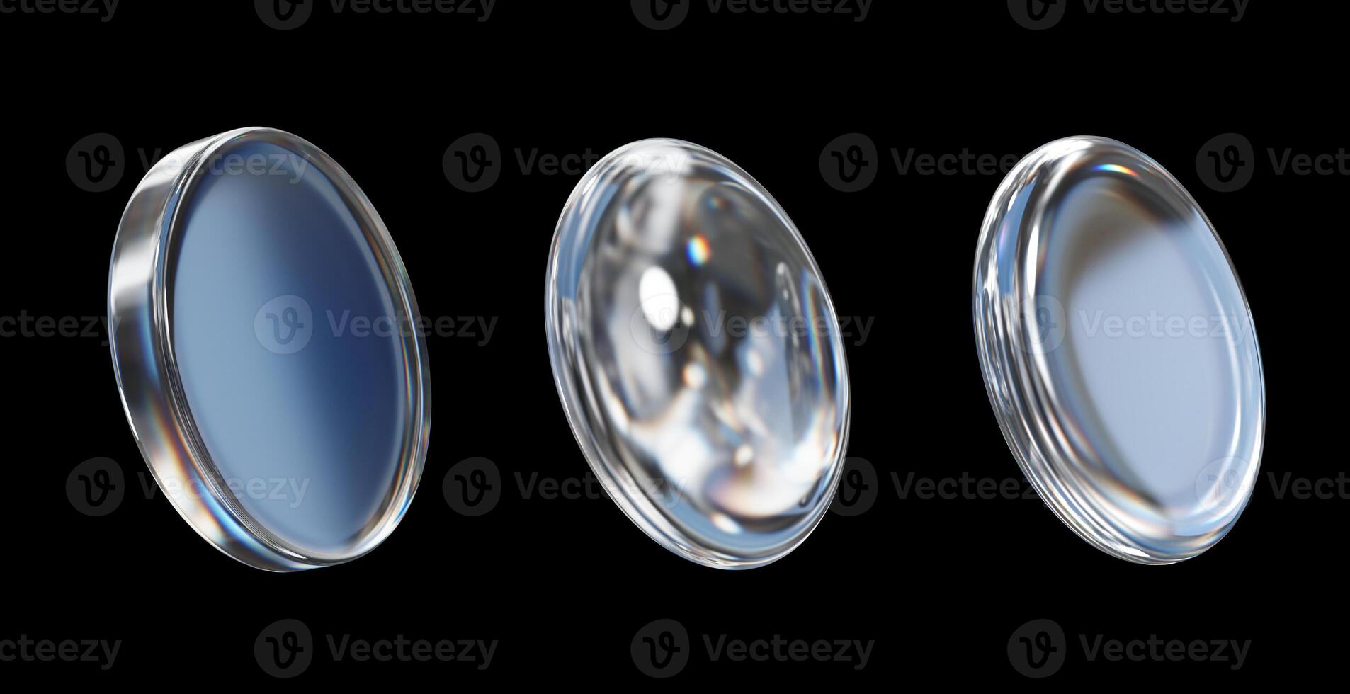 Crystal lens shape set isolated on black background 3d rendering without AI generated photo