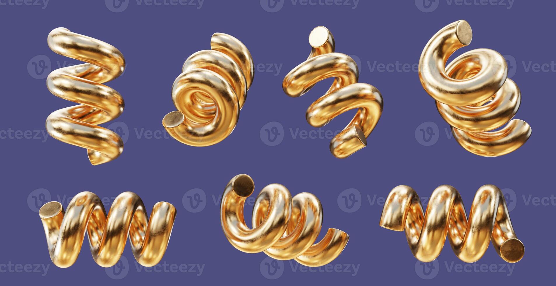 Golden spring geometry shape set isolated on black background 3d rendering without AI generated photo