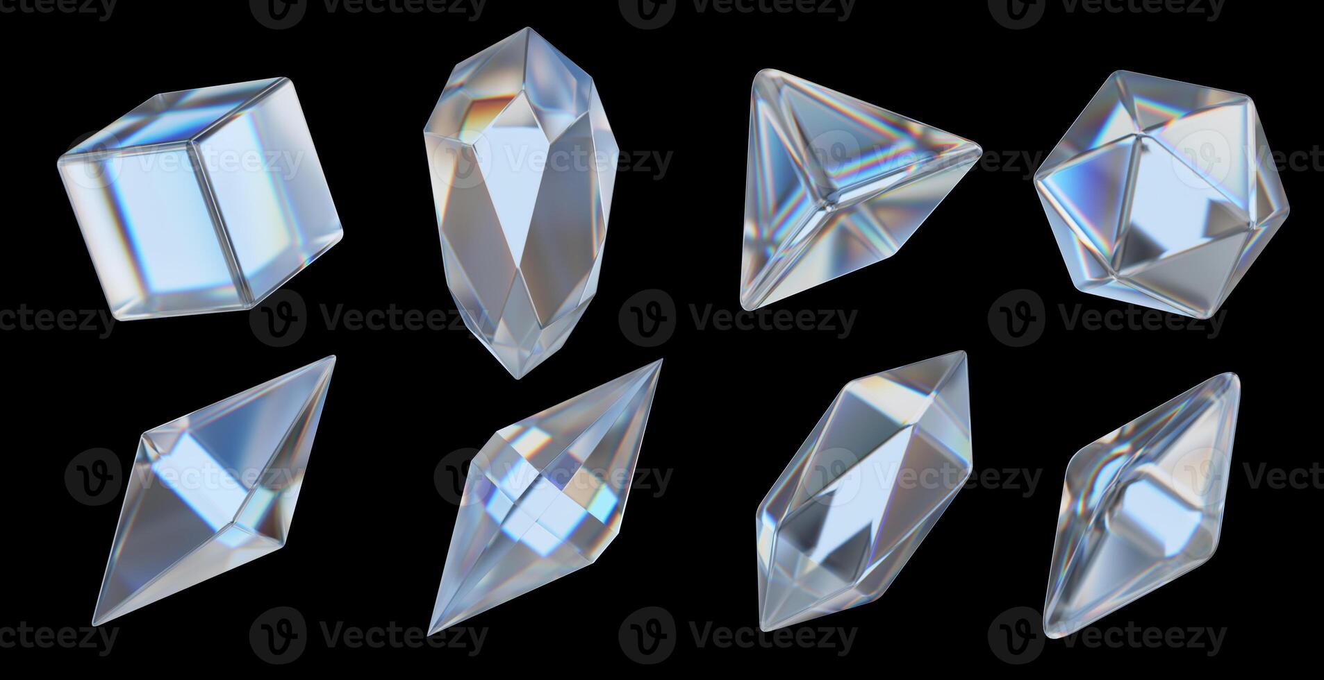 Crystal dispersion geometry shape set isolated on black background 3d rendering without AI generated photo