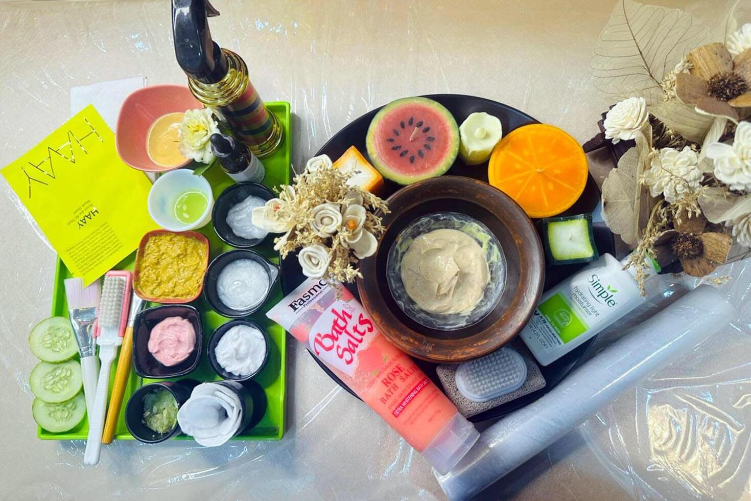 Spa or wellness setting. Nail care, Skincare natural remedies with organic products, spa aromatherapy, Herbal compress, spa composition set on the table in the massage room photo