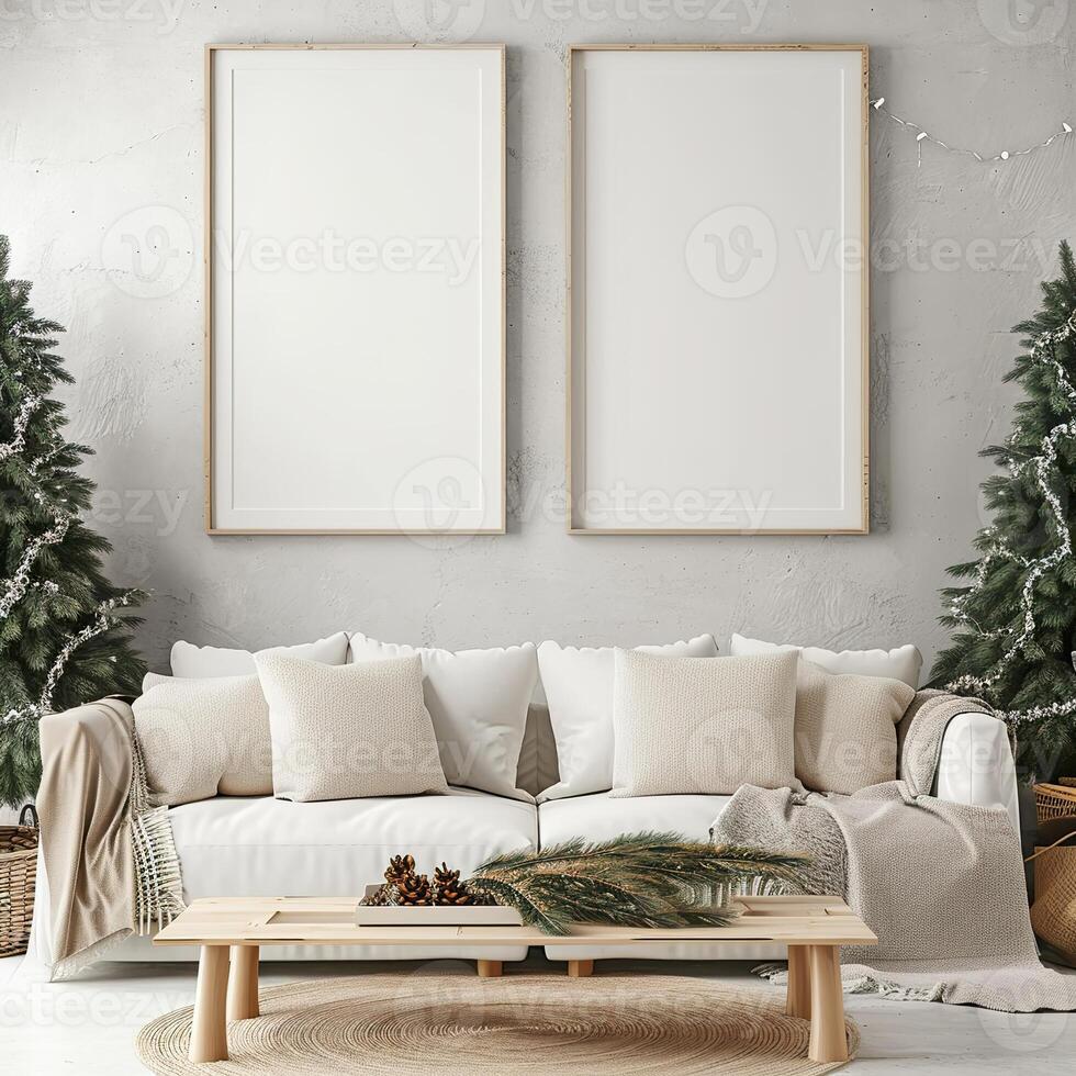 AI generated Blank Canvas Magic, Christmas Living Room Mockup with Empty White Frames photo