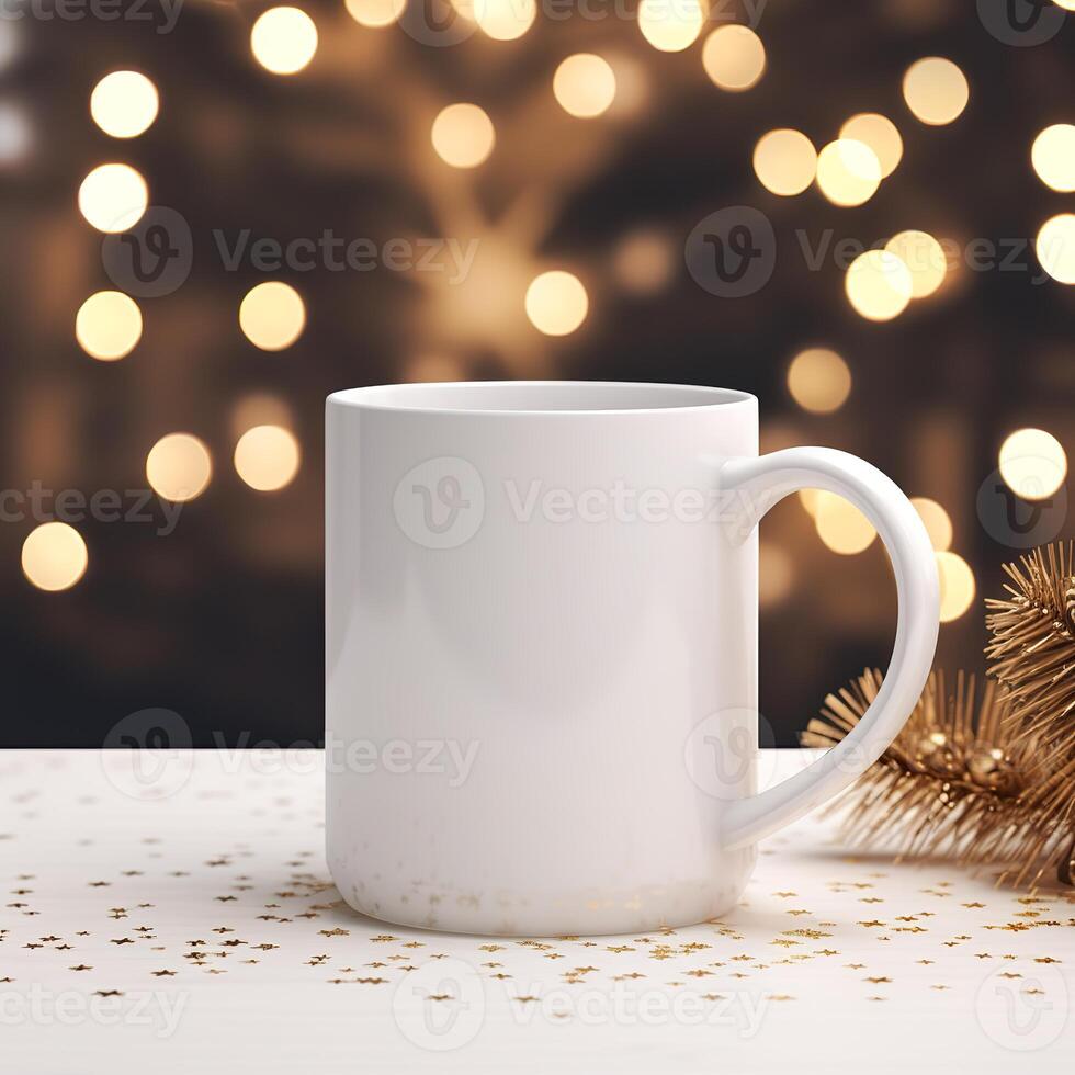 AI generated Blank Mug Magic, Christmas Setting Mockup for Festive Vibes photo