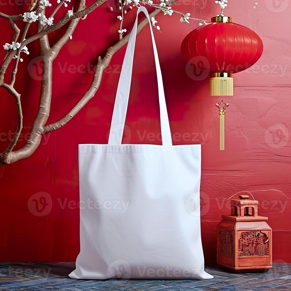 AI generated Festive Tote Bag Mockup, Lunar New Year Setting with Red Paper Lantern photo