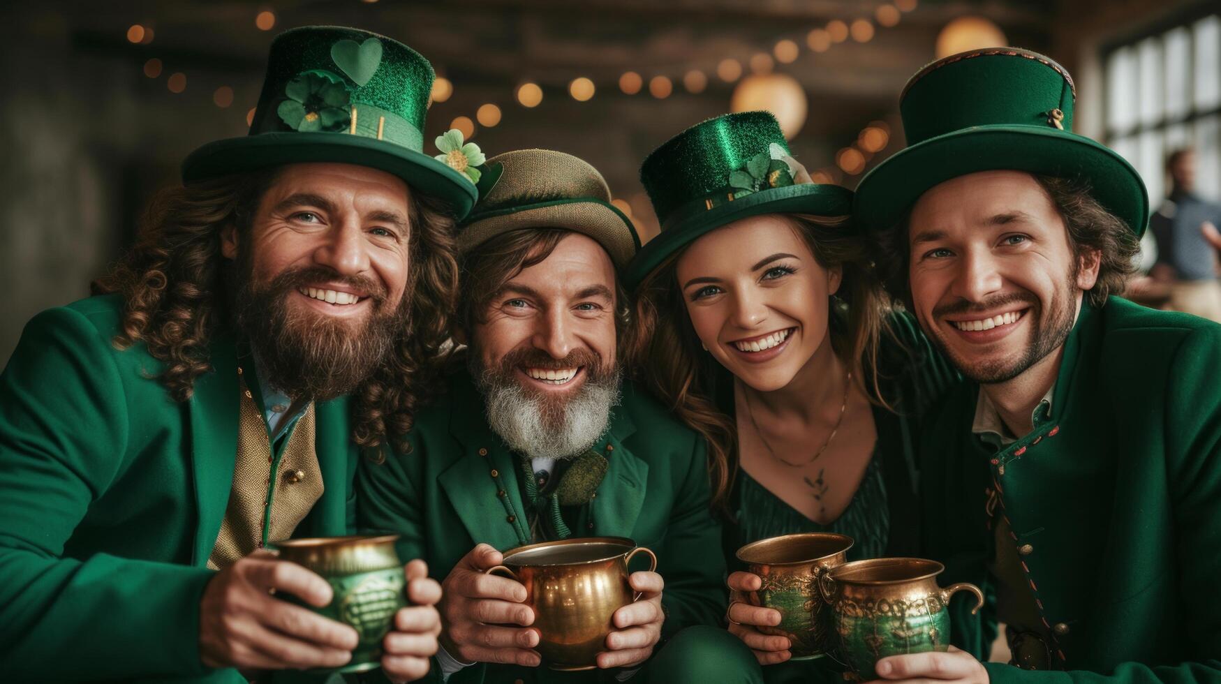 AI generated Playful portraits of individuals dressed as leprechauns, complete with green suits, hats, and pots of gold photo