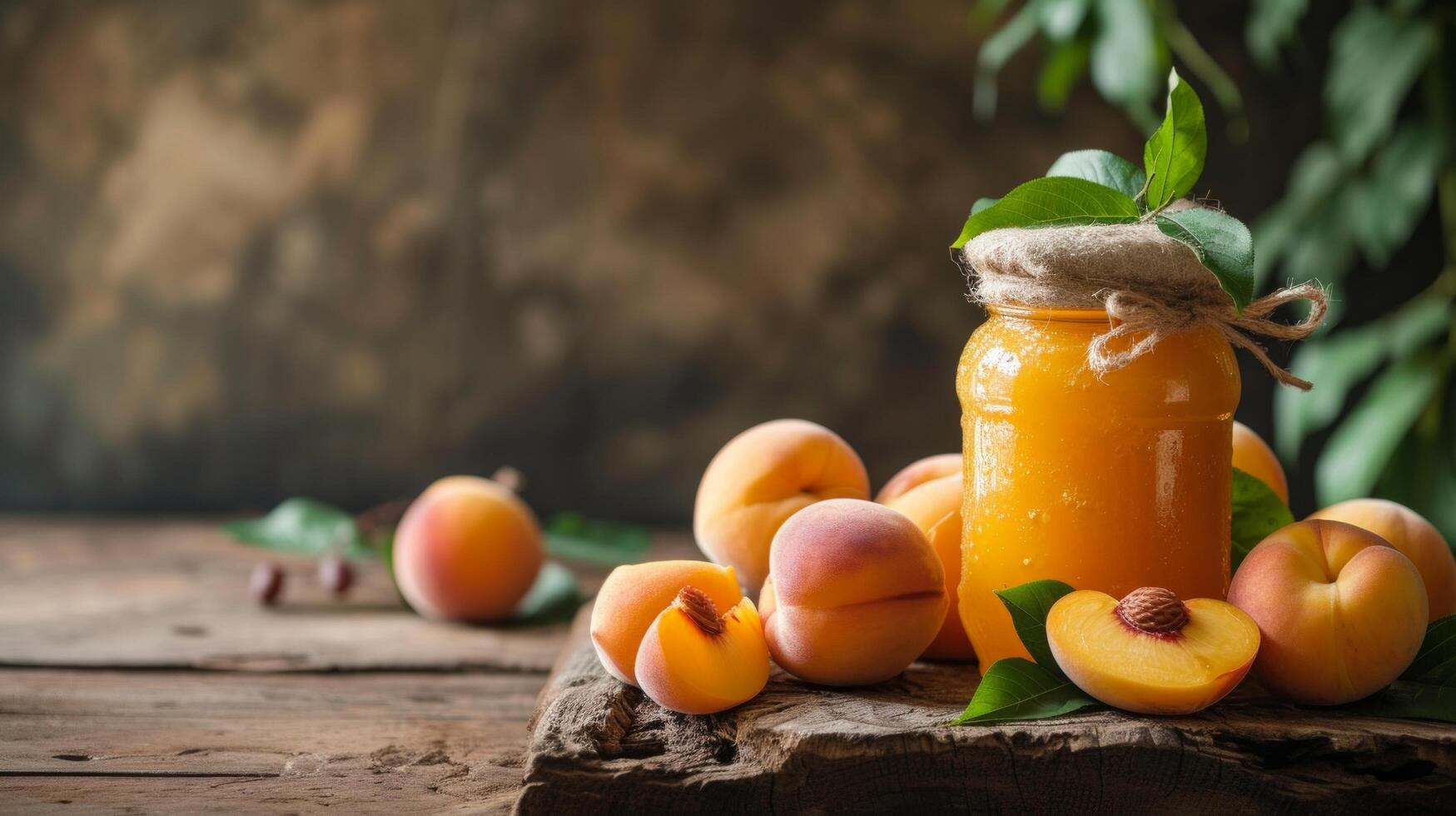 AI generated On a wooden table, a jar of canned peaches and fresh peaches are presented side by side large copyspace area, photo