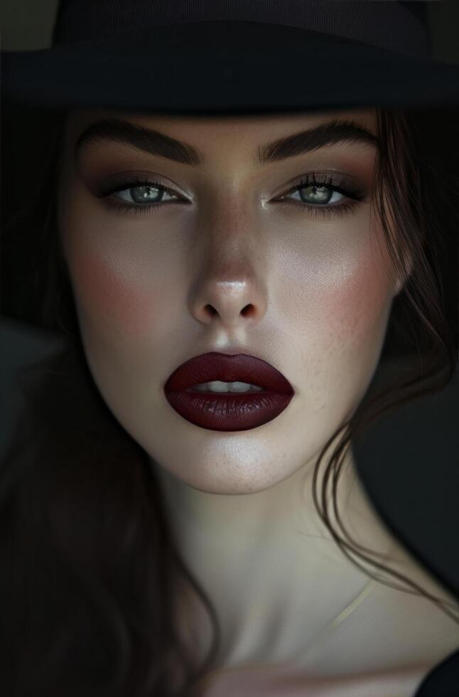 AI generated the woman wears a black hat and dark makeup in an urban setting photo